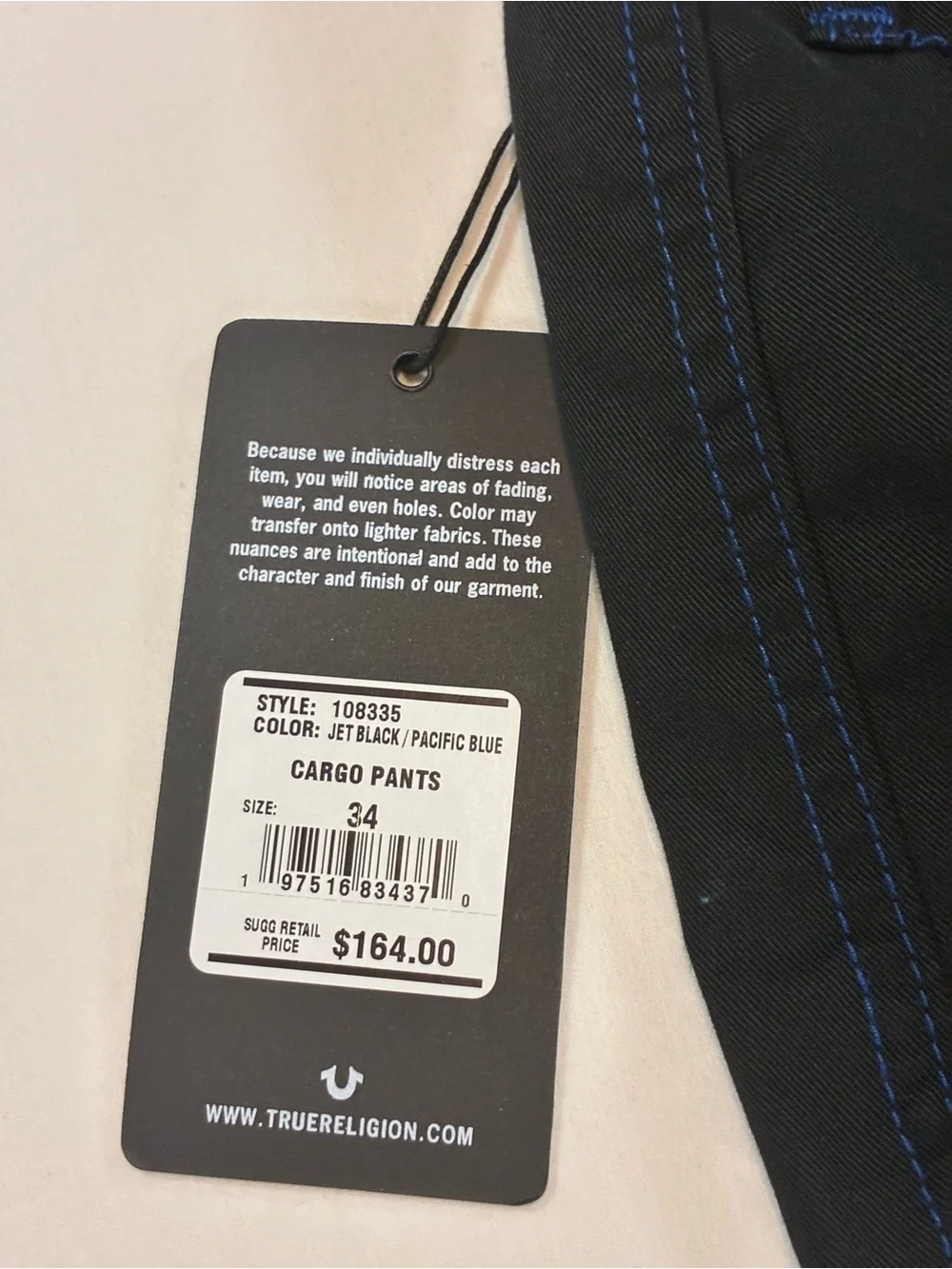 True Religion Black Cargo Pants with Blue Contrast Stitching